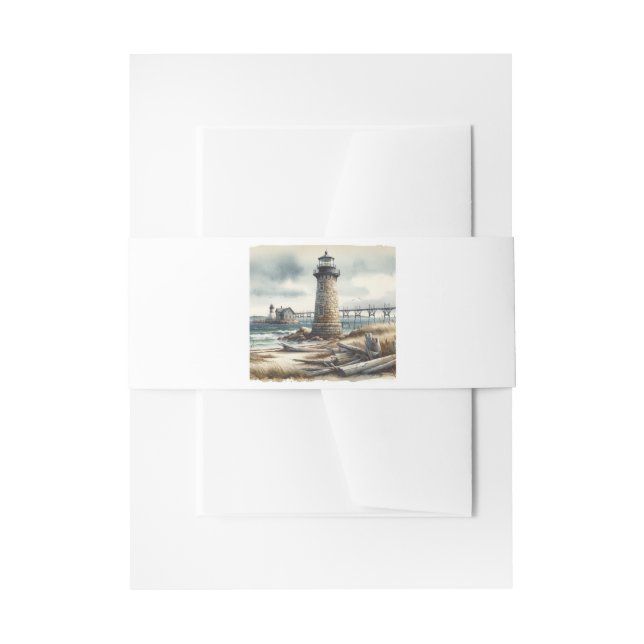 Rustic Coastal Lighthouse Seaside Beach Wedding Invitation Belly Band (Front Example)