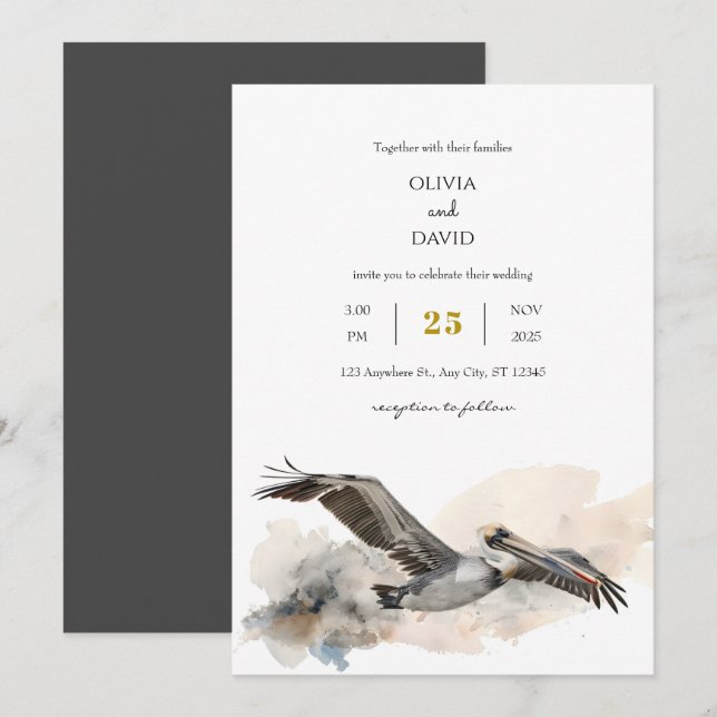 Rustic Coastal Pelican Watercolor Beach Wedding  Invitation (Front/Back)