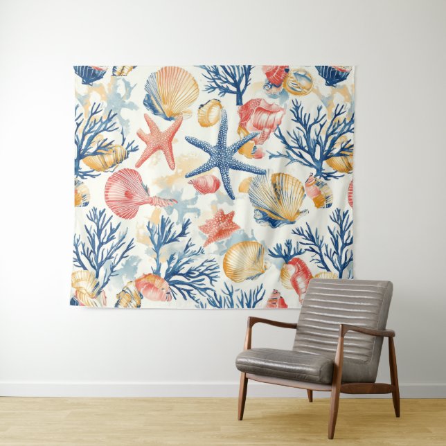 Rustic Coastal - Seashells, Starfish, Reef (10) Tapestry (In Situ (Horizontal))