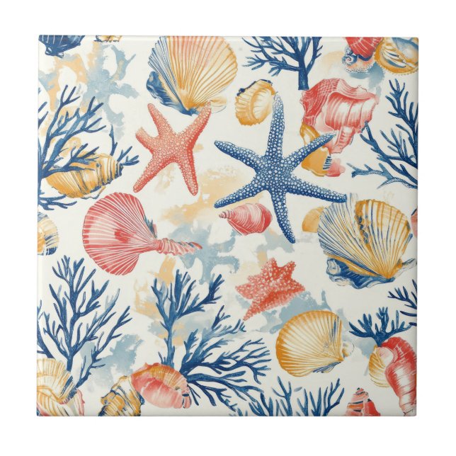 Rustic Coastal - Seashells, Starfish, Reef (10) Tile (Front)