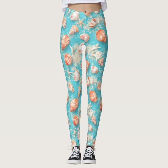 Rustic Coastal - Seashells, Starfish, Reef (11) Leggings (Front)