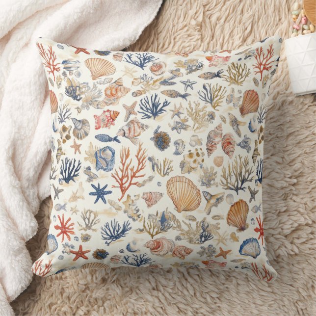 Rustic Coastal - Seashells, Starfish, Reef (12) Cushion (Blanket)