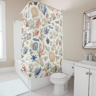 Rustic Coastal - Seashells, Starfish, Reef (12) Shower Curtain