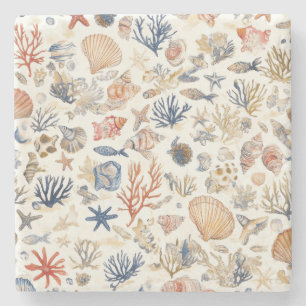 Rustic Coastal - Seashells, Starfish, Reef (12) Stone Coaster