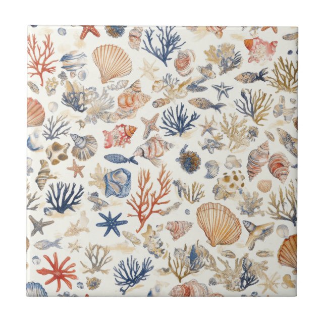Rustic Coastal - Seashells, Starfish, Reef (12) Tile (Front)