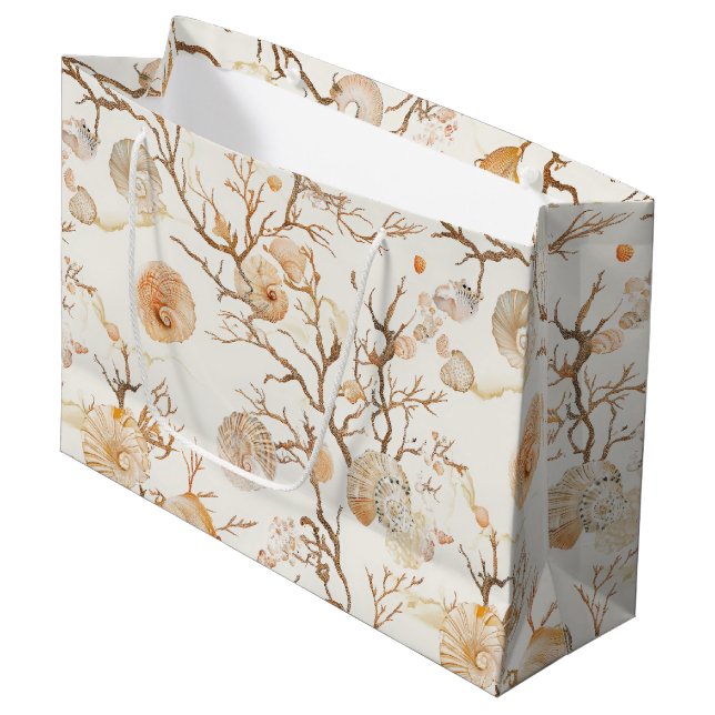 Rustic Coastal - Seashells, Starfish, Reef (14) Large Gift Bag (Front Angled)