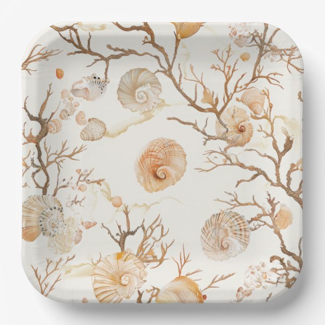 Rustic Coastal - Seashells, Starfish, Reef (14) Paper Plate (Front)