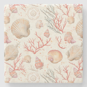 Rustic Coastal - Seashells, Starfish, Reef (16) Stone Coaster