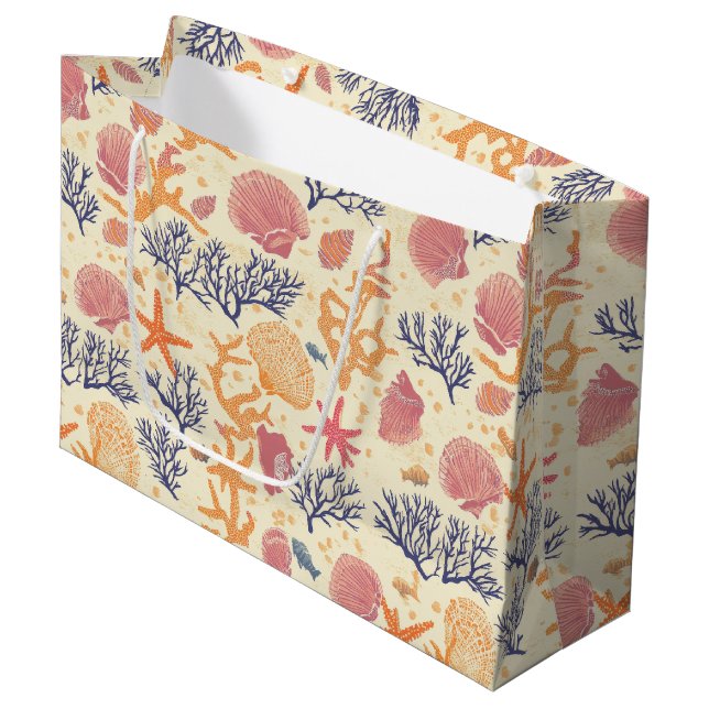 Rustic Coastal - Seashells, Starfish, Reef (1) Large Gift Bag (Front Angled)