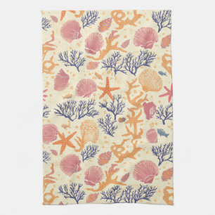 Rustic Coastal - Seashells, Starfish, Reef (1) Tea Towel