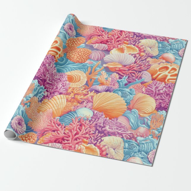 Rustic Coastal - Seashells, Starfish, Reef (20) Wrapping Paper (Unrolled)