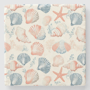 Rustic Coastal - Seashells, Starfish, Reef (23) Stone Coaster