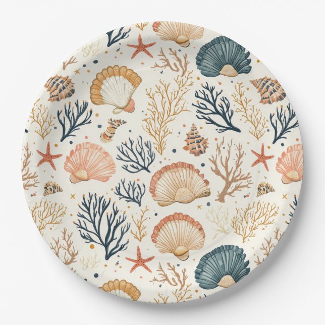 Rustic Coastal - Seashells, Starfish, Reef (24) Paper Plate (Front)