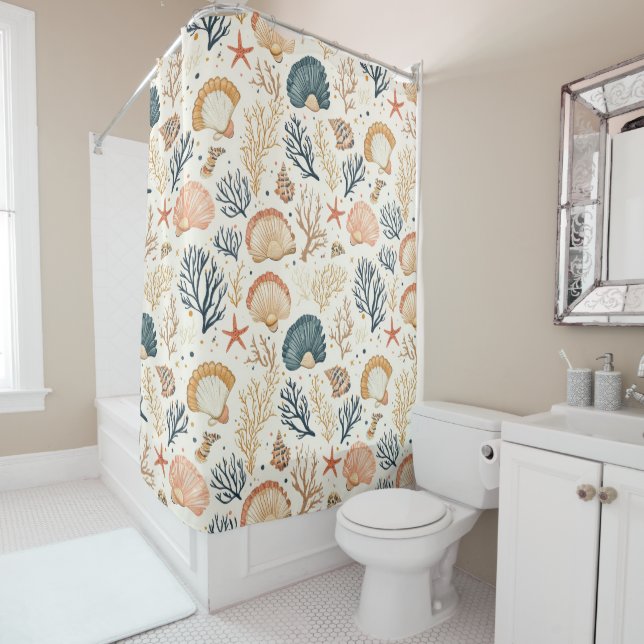 Rustic Coastal - Seashells, Starfish, Reef (24) Shower Curtain (In Situ)