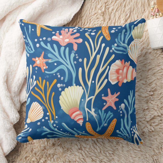 Rustic Coastal - Seashells, Starfish, Reef (26) Cushion (Blanket)