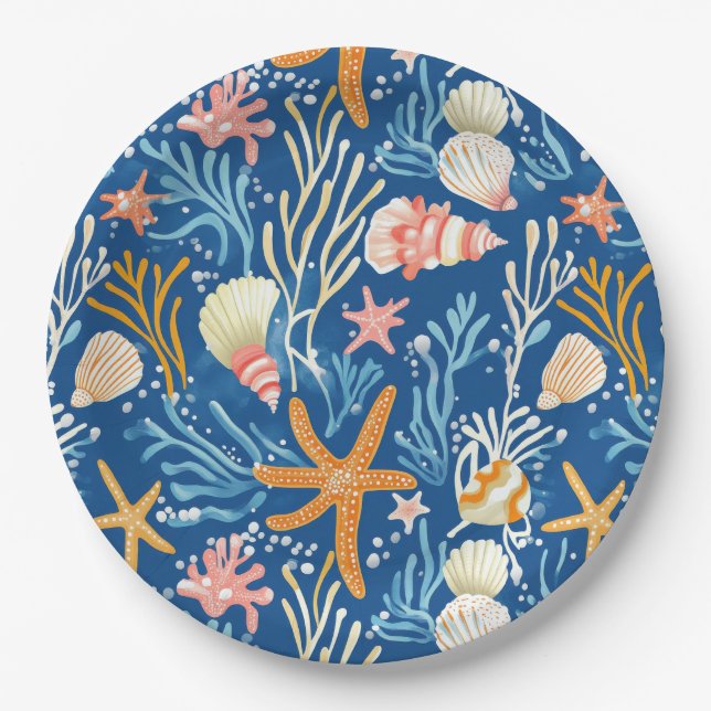 Rustic Coastal - Seashells, Starfish, Reef (26) Paper Plate (Front)