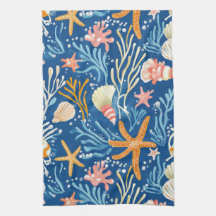 Rustic Coastal - Seashells, Starfish, Reef (26) Tea Towel
