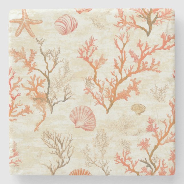 Rustic Coastal - Seashells, Starfish, Reef (2) Stone Coaster (Front)