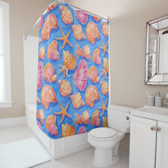 Rustic Coastal - Seashells, Starfish, Reef (30) Shower Curtain (In Situ)