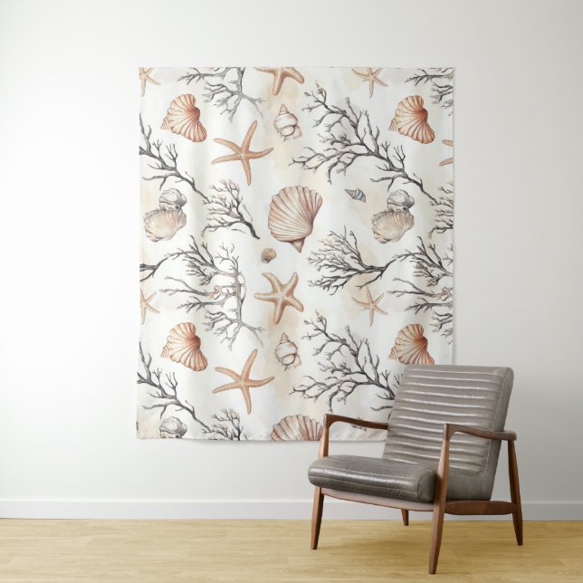 Rustic Coastal - Seashells, Starfish, Reef (31) Tapestry (In Situ)