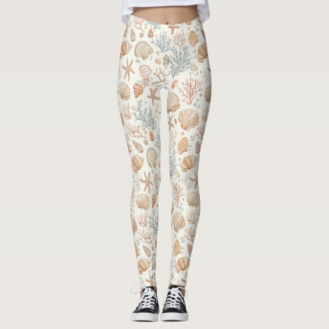 Rustic Coastal - Seashells, Starfish, Reef (32) Leggings (Front)