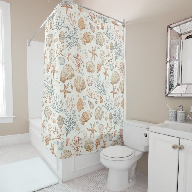 Rustic Coastal - Seashells, Starfish, Reef (32) Shower Curtain (In Situ)