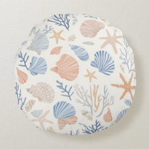 Rustic Coastal - Seashells, Starfish, Reef (34) Round Cushion