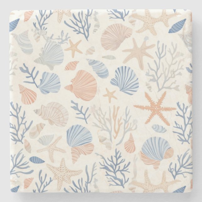 Rustic Coastal - Seashells, Starfish, Reef (34) Stone Coaster (Front)