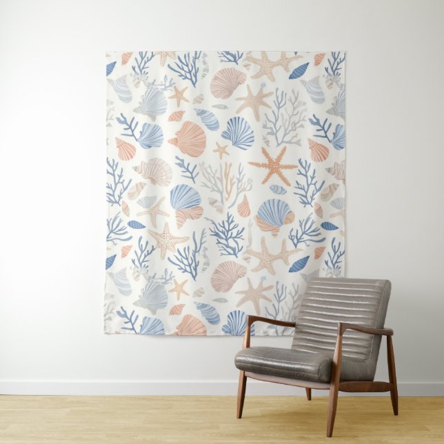 Rustic Coastal - Seashells, Starfish, Reef (34) Tapestry (In Situ)