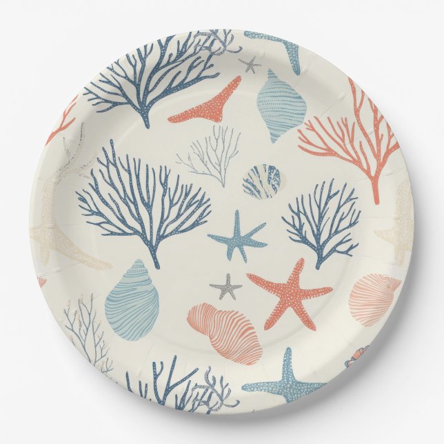 Rustic Coastal - Seashells, Starfish, Reef (35) Paper Plate (Front)