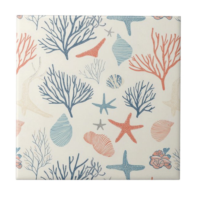 Rustic Coastal - Seashells, Starfish, Reef (35) Tile (Front)