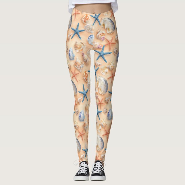 Rustic Coastal - Seashells, Starfish, Reef (6) Leggings (Front)