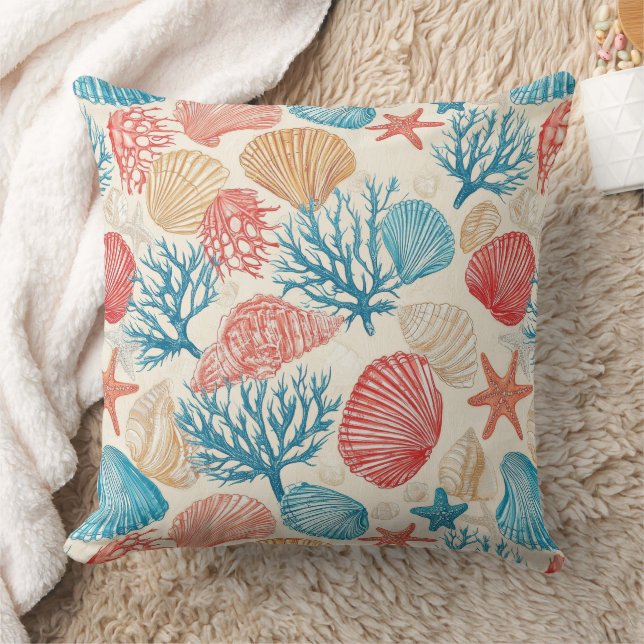 Rustic Coastal - Seashells, Starfish, Reef (7) Cushion (Blanket)