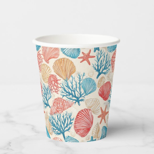 Rustic Coastal - Seashells, Starfish, Reef (7) Paper Cups (Front)