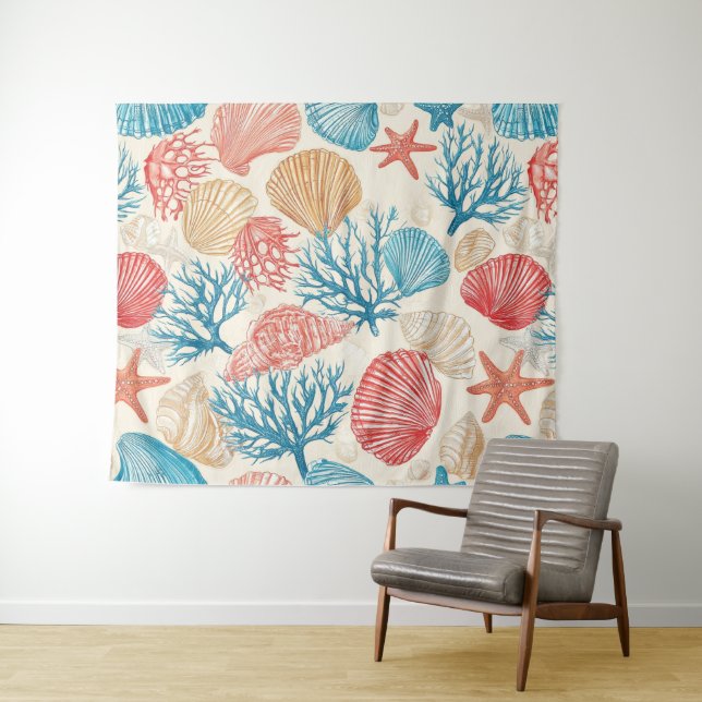 Rustic Coastal - Seashells, Starfish, Reef (7) Tapestry (In Situ (Horizontal))