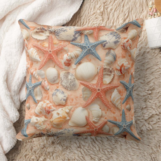Rustic Coastal - Seashells, Starfish, Reef (8) Cushion (Blanket)