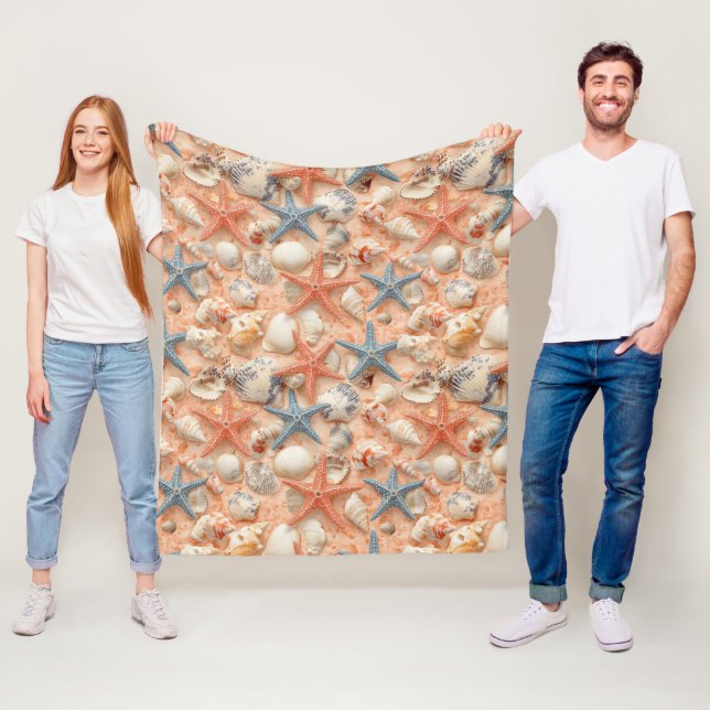 Rustic Coastal - Seashells, Starfish, Reef (8) Fleece Blanket (In Situ)