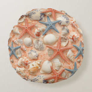 Rustic Coastal - Seashells, Starfish, Reef (8) Round Cushion