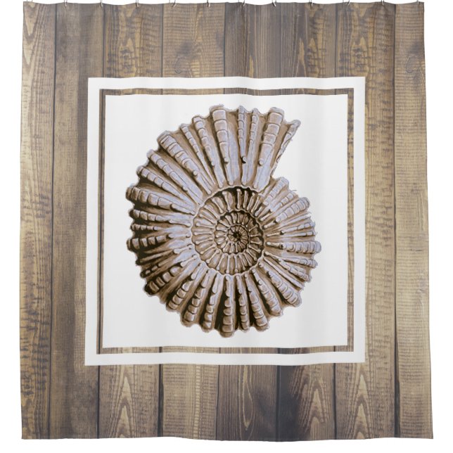 Rustic Coastal Spiral Seashell & Driftwood Planks Shower Curtain (Front)