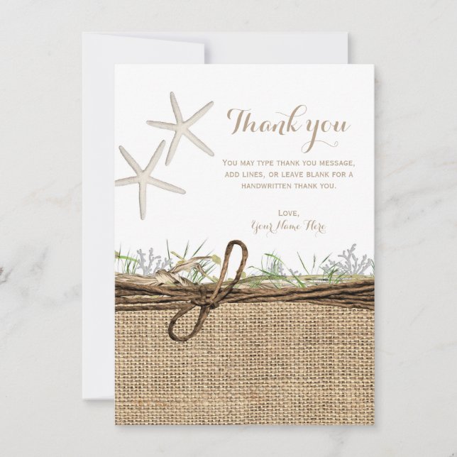 Rustic Coastal Starfish Burlap Wedding Thank You Invitation (Front)