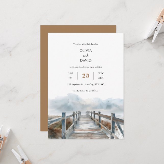 Rustic Coastal Wooden Boardwalk Art Beach Wedding  Invitation (Front/Back In Situ)