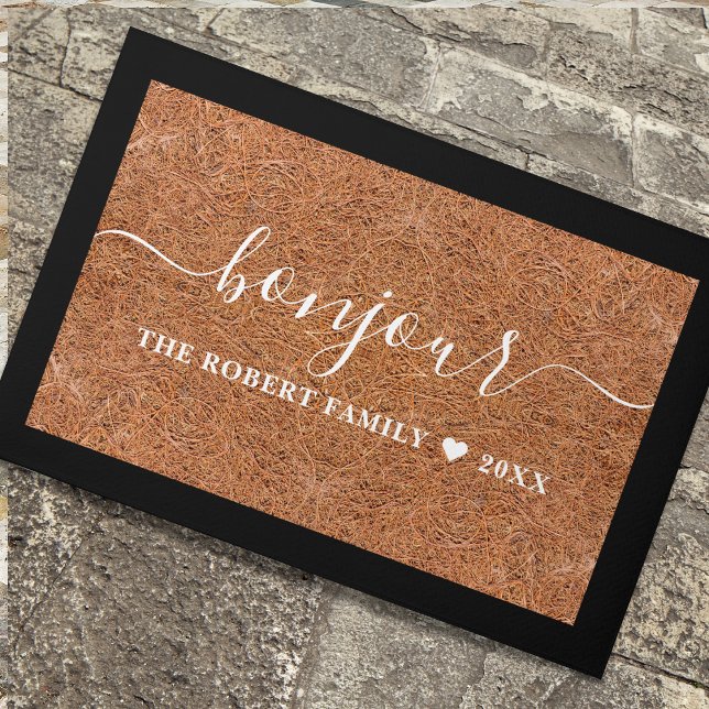 Rustic Coir Family Name Bonjour French Welcome  Doormat (French Hello Goodbye entrance door mats personalized with family name.)