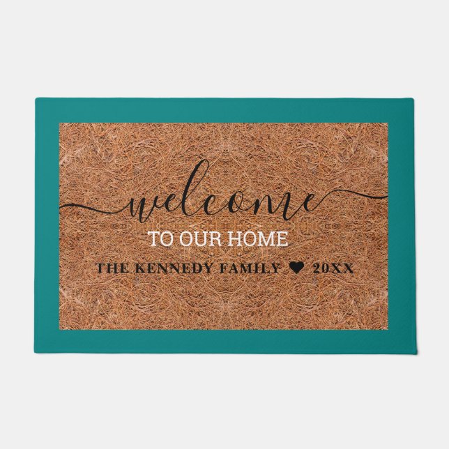 Rustic Coir Teal Welcome Home  Family Name  Doormat (Front)