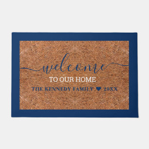 Rustic Coir Welcome Blue Last Name Personalised Doormat