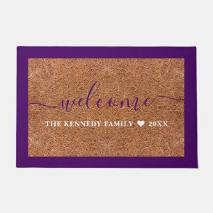 Rustic Coir Welcome Family Name  Purple Outdoor Doormat