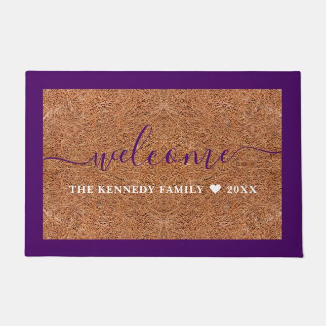 Rustic Coir Welcome Family Name  Purple Outdoor Doormat (Front)
