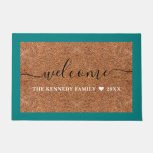Rustic Coir Welcome Family Name Teal Outdoor Doormat