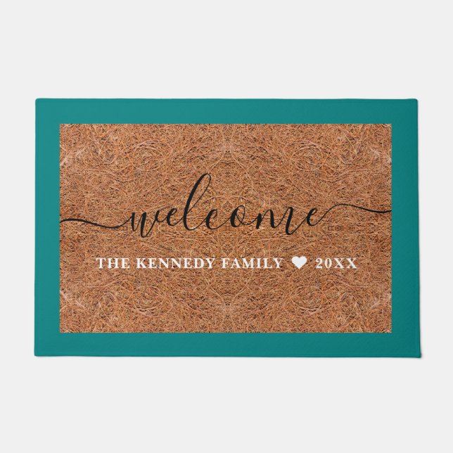 Rustic Coir Welcome Family Name  Teal Outdoor Doormat (Front)