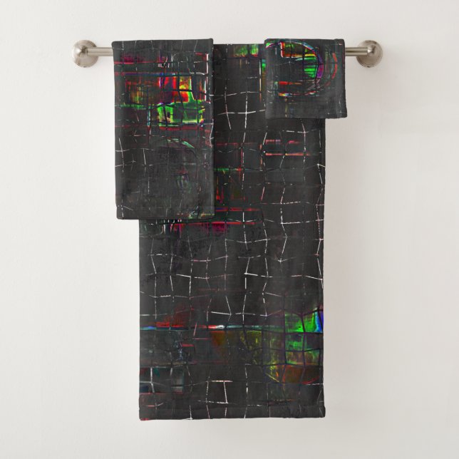 Rustic coloured drawing in night darkness up jute bath towel set (Insitu)