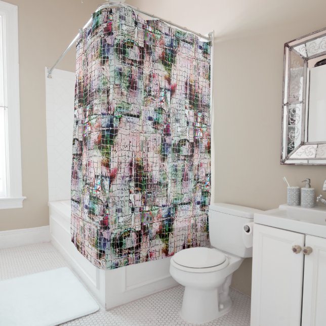 Rustic coloured weird drawing under abstract jute shower curtain (In Situ)